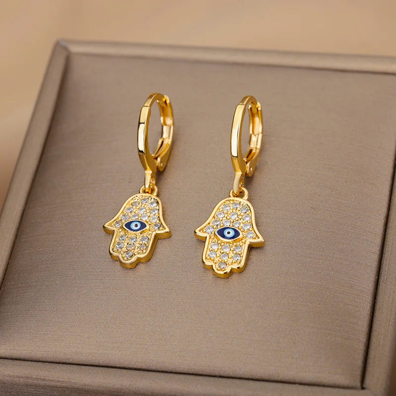 Turkish Eye Fatima Hand Drop Earrings