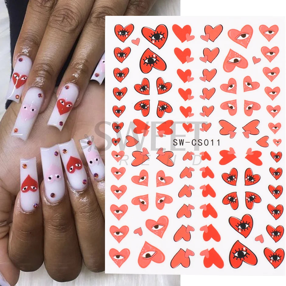 3D Heart Nail Design Blue Red Evil Eye Nail Art Decoration Sticker Press on Nails Valentine Decals Manicure Accessory SASW-CS012