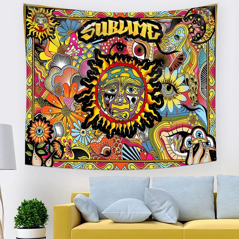 Psychedelic Tarot Trippy Sublime Sun Tapestry Wall Hanging Hippie Tapestries Mushroom Tapestry Aesthetic Room Home Decor