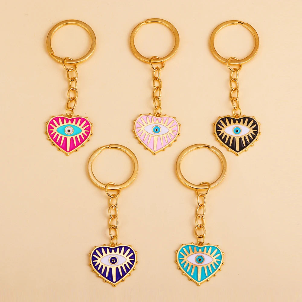 2Pcs Alloy Key Chains Rotationable Clasp Keyring Evil Blue Eye Love Heart Pendant Keychain Women Car Key Bag Decoration Accessor