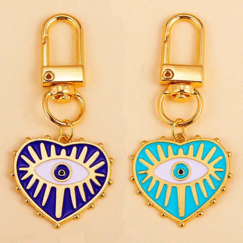 2Pcs Alloy Key Chains Rotationable Clasp Keyring Evil Blue Eye Love Heart Pendant Keychain Women Car Key Bag Decoration Accessor