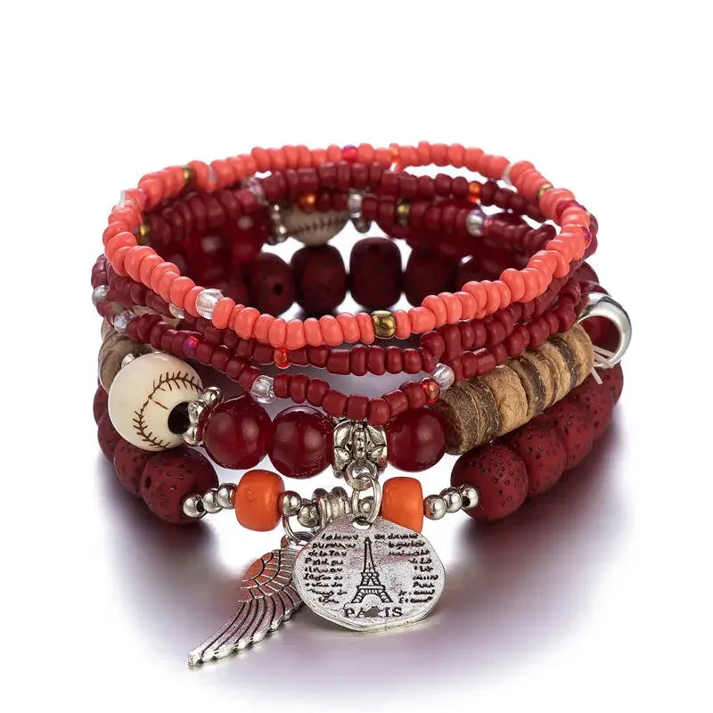 Boho Tree Of Life Bracelet Set For Women Fashion Tassels Charm Wooden Beads Elastic Chain Bangle Girl Trendy Party Jewelry