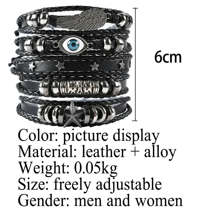 5pcs Evil Eye Wing Star Diy Braided Punk Style Bracelet Set, Featuring Pu Leather And Beads