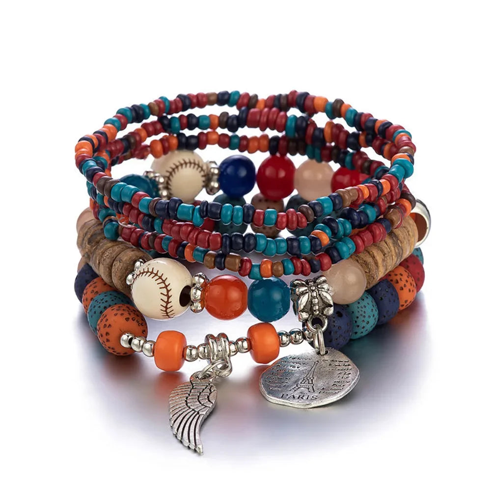 Boho Tree Of Life Bracelet Set For Women Fashion Tassels Charm Wooden Beads Elastic Chain Bangle Girl Trendy Party Jewelry