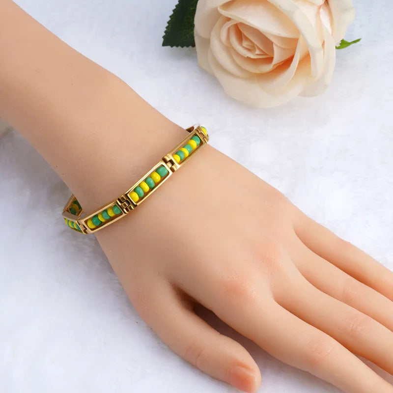 G&D New Luxury Fashion Stainless Steel Jewelry Color Yellow Green Orula Bracelet Mix Beads Unisex Bangle For Women/Men Gift