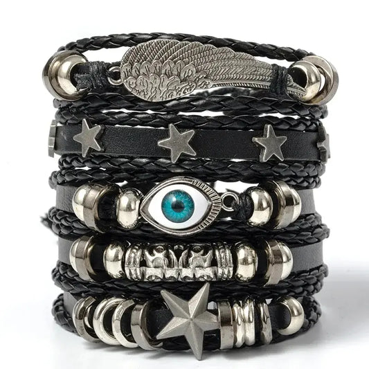 5pcs Evil Eye Wing Star Diy Braided Punk Style Bracelet Set, Featuring Pu Leather And Beads