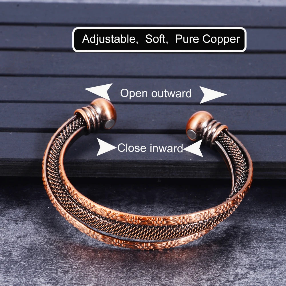 Vinterly Pure Copper Bracelets Female Magnetic Vintage Flower Adjustable Cuff High Magnets Bangle Soft Metal Women Gifts Jewelry