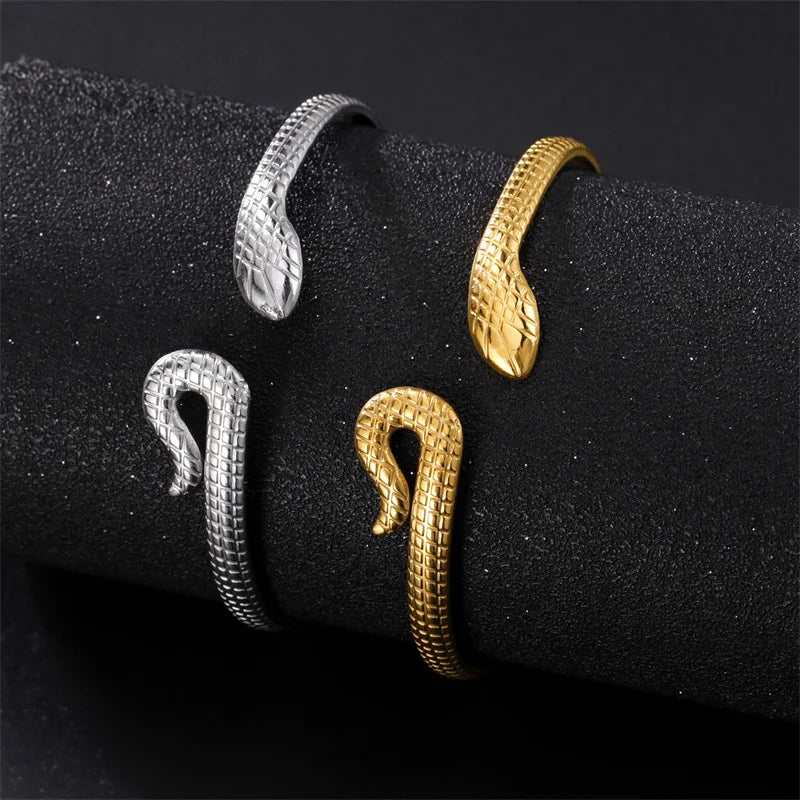 Snake Bangles for Women Men Luxury Stainless Steel Animal Snake Cuff Bracelets Adjustable Gothic Party Jewelry Gift Accessories