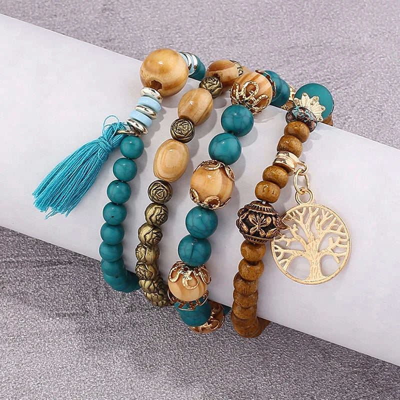 Boho Tree Of Life Bracelet Set For Women Fashion Tassels Charm Wooden Beads Elastic Chain Bangle Girl Trendy Party Jewelry