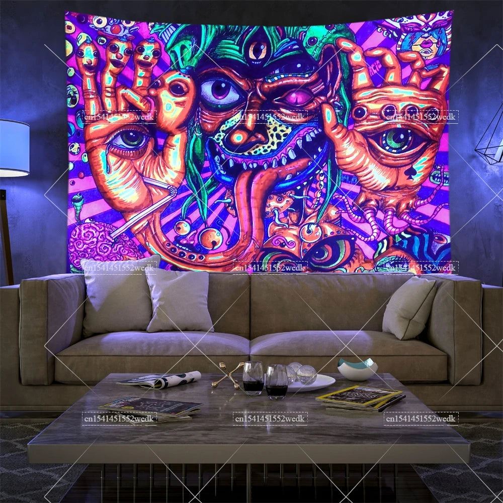 Trippy Blacklight Tapestry UV Reactive Glow in the Dark Neon Abstract Art Tapestry Boho Hippie Tapestries Room Decor Aesthetic