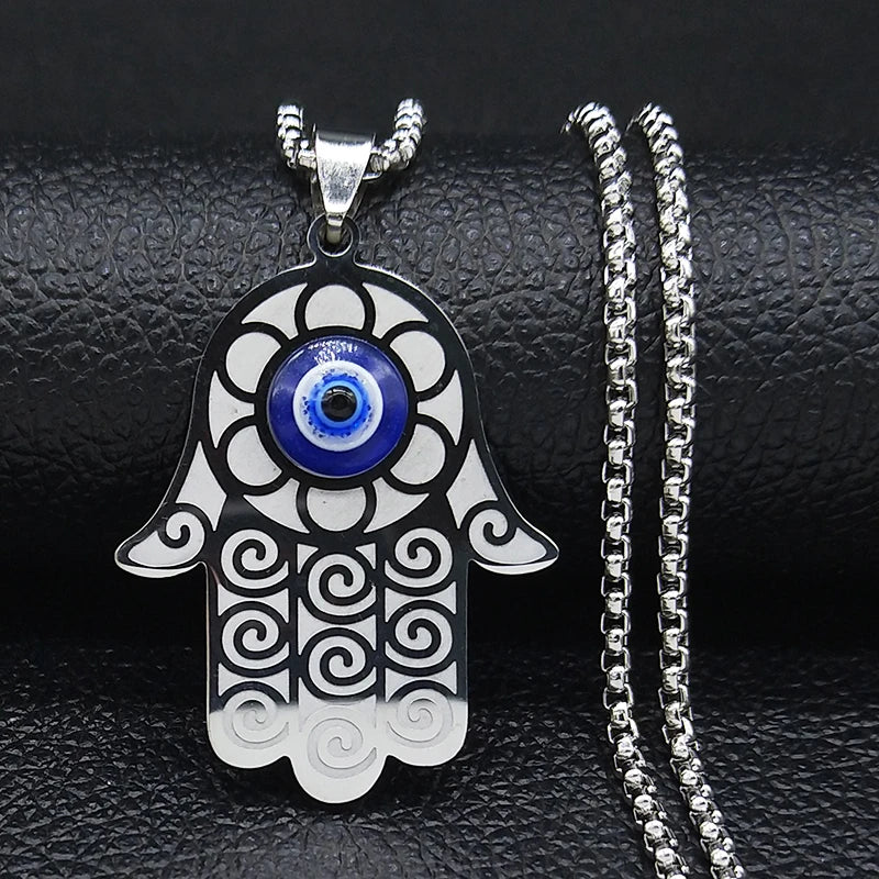 Islam Hamsa Evil Blue Eye Necklace Stainless Steel Turkish Eye Necklace Greek Jewelry ojo turco acero inoxidable N1258S02