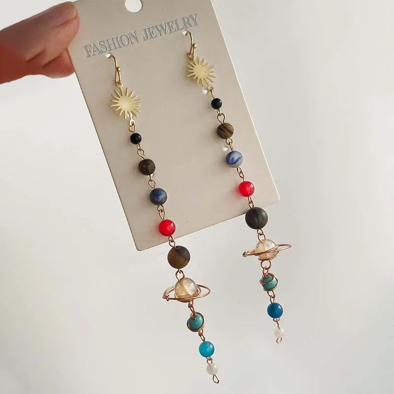 Handmade Crystal Earth Saturn Cosmic Earrings