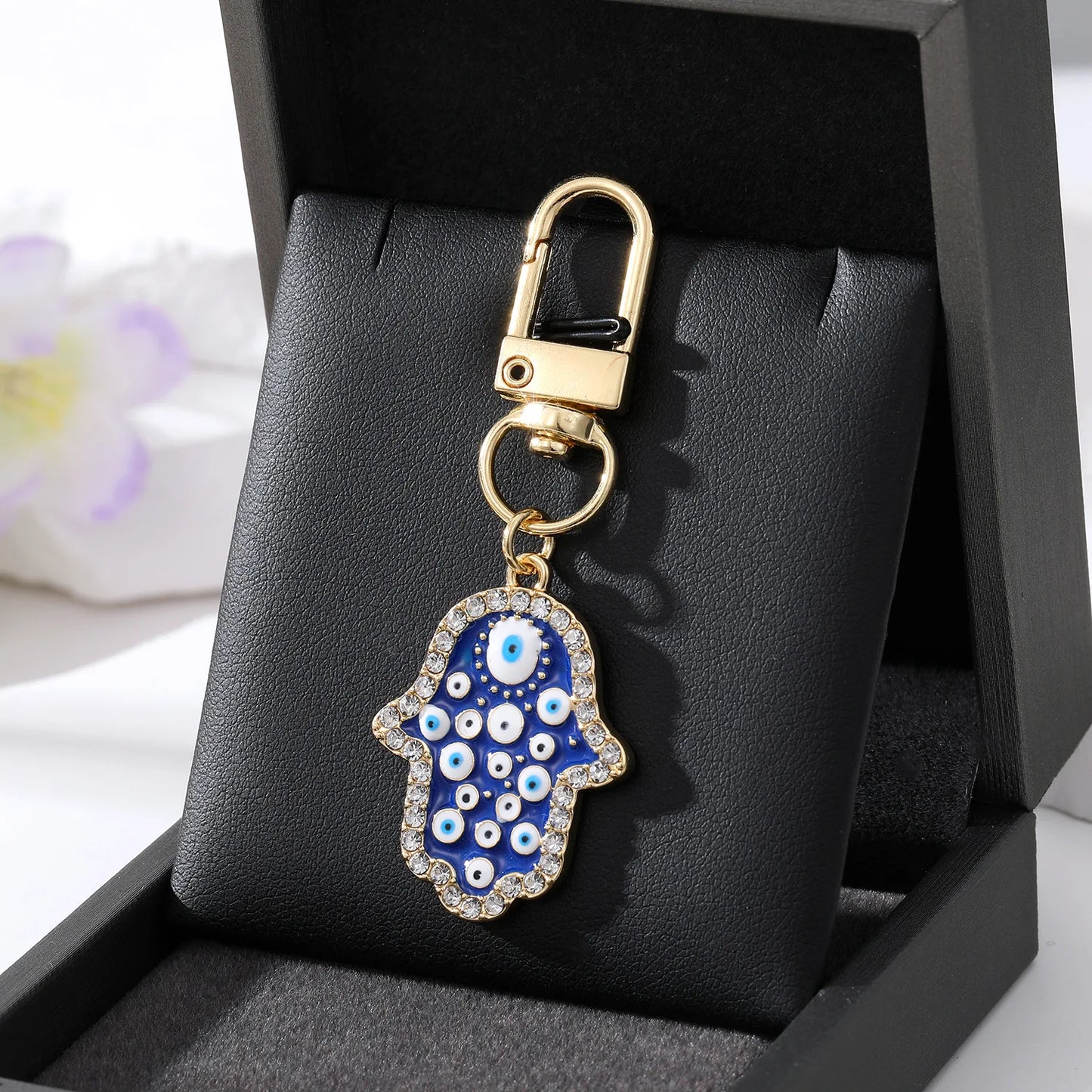 Bling Hollow Evil Eye Hamsa Hand Keychain Key Ring For Women Men Zircon Fatima Hand Blue Eye Bag Car Airpods Box Key Accessories