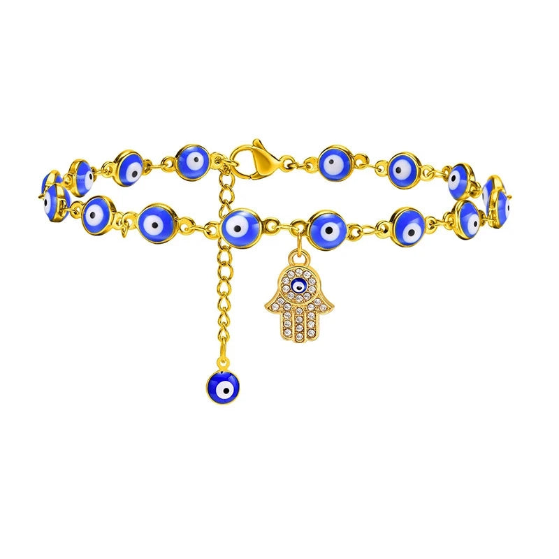 Bohemia Fatima Hamsa Hand Evil Blue Eye Charm Anklet Bracelet for Women Gold Color Stainless Steel Chain Adjustable Foot Ankle