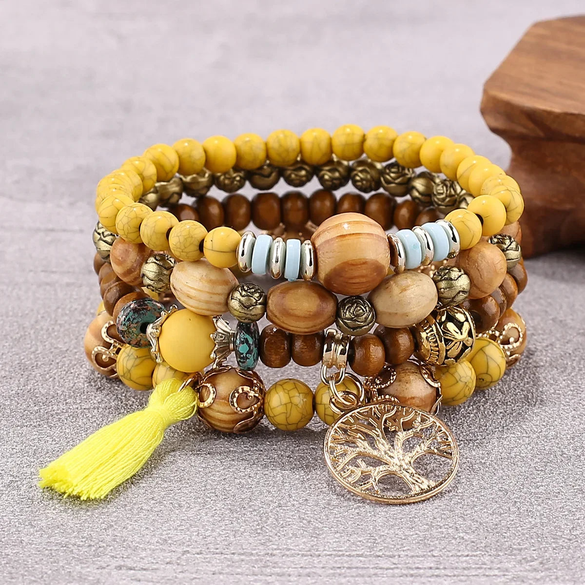 Boho Tree Of Life Bracelet Set For Women Fashion Tassels Charm Wooden Beads Elastic Chain Bangle Girl Trendy Party Jewelry