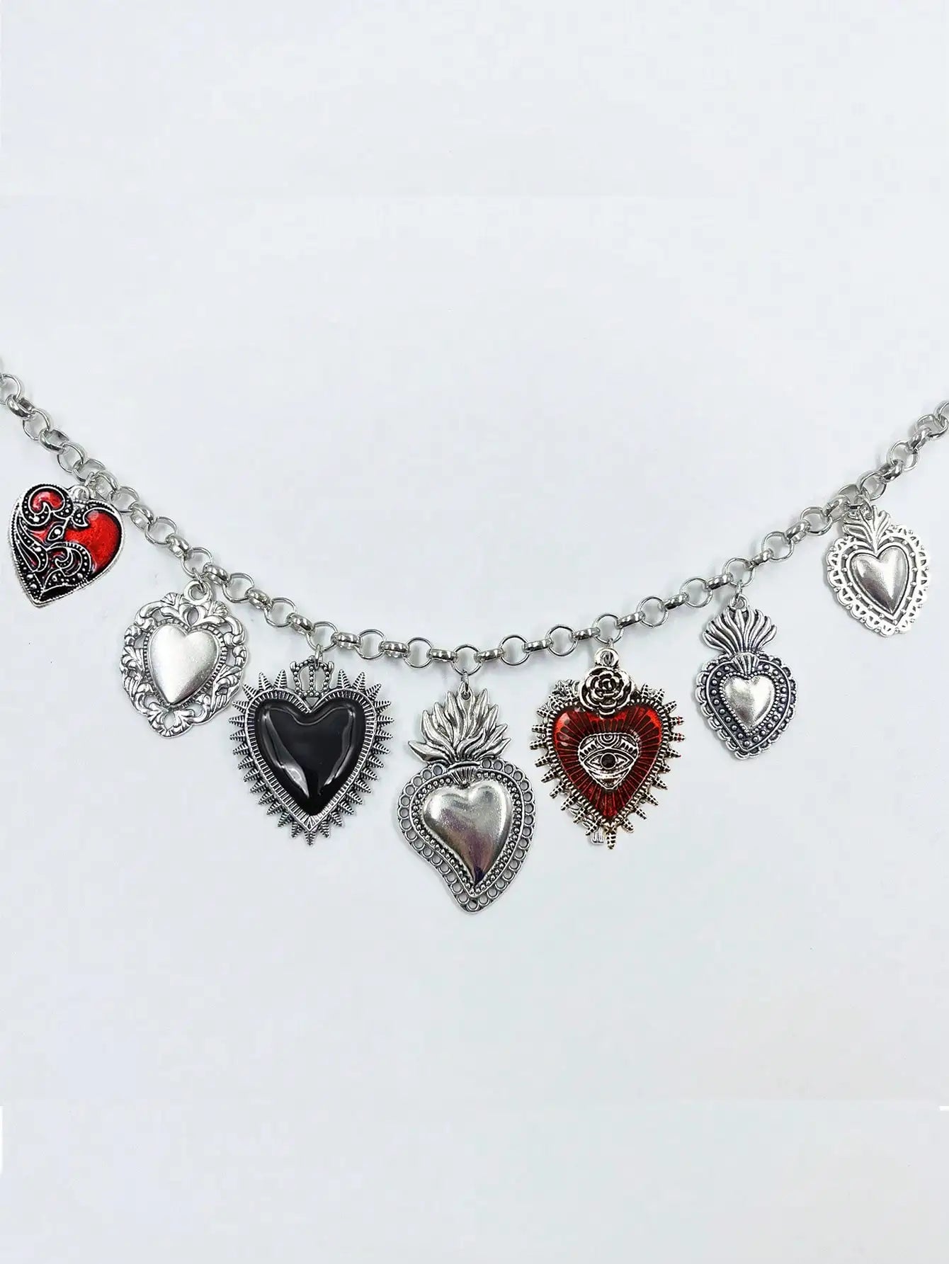 CUIER 1PC Gothic Chunky Chain Charms Flaming Heart Statement Necklace Evil Eyes Pendant Anti-silver Red Black Halloween Jewelry