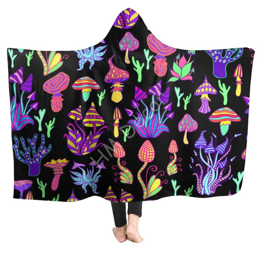 Trippy Shrooms Hooded Blanket Psychedelic Magic Mushrooms Blanket Sherpa Colorful Festival Blanket Warm Cozy Cuddle Blanket