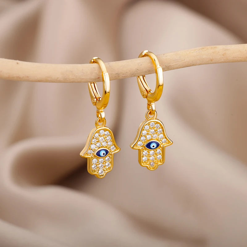 Turkish Eye Fatima Hand Drop Earrings