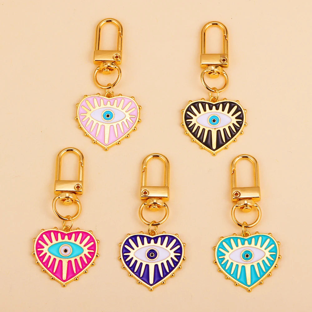 2Pcs Alloy Key Chains Rotationable Clasp Keyring Evil Blue Eye Love Heart Pendant Keychain Women Car Key Bag Decoration Accessor