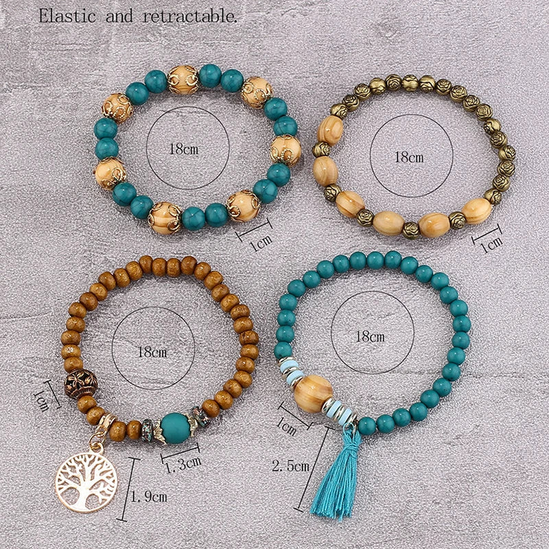 Boho Tree Of Life Bracelet Set For Women Fashion Tassels Charm Wooden Beads Elastic Chain Bangle Girl Trendy Party Jewelry