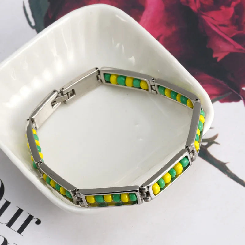 G&D New Luxury Fashion Stainless Steel Jewelry Color Yellow Green Orula Bracelet Mix Beads Unisex Bangle For Women/Men Gift