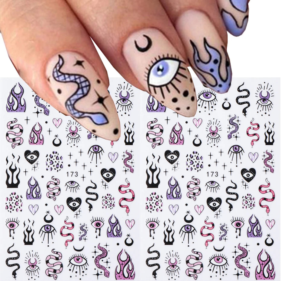 3D Purple Blue Evil Eyes Nail Stickers Snake Moon Star Line Sliders For Nails Design Summer Decor Flame Decals Manicure