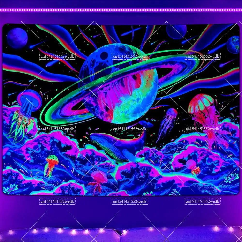 Blacklight Tapestry Trippy Space Tapestries UV Reactive Planet Tapestry Neon Glow In The Dark Whale Jellyfish Tapestrys For Home