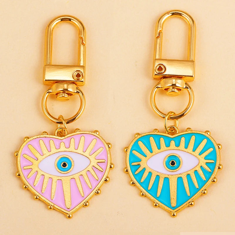 2Pcs Alloy Key Chains Rotationable Clasp Keyring Evil Blue Eye Love Heart Pendant Keychain Women Car Key Bag Decoration Accessor