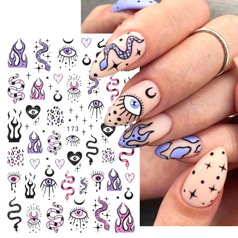 3D Purple Blue Evil Eyes Nail Stickers Snake Moon Star Line Sliders For Nails Design Summer Decor Flame Decals Manicure