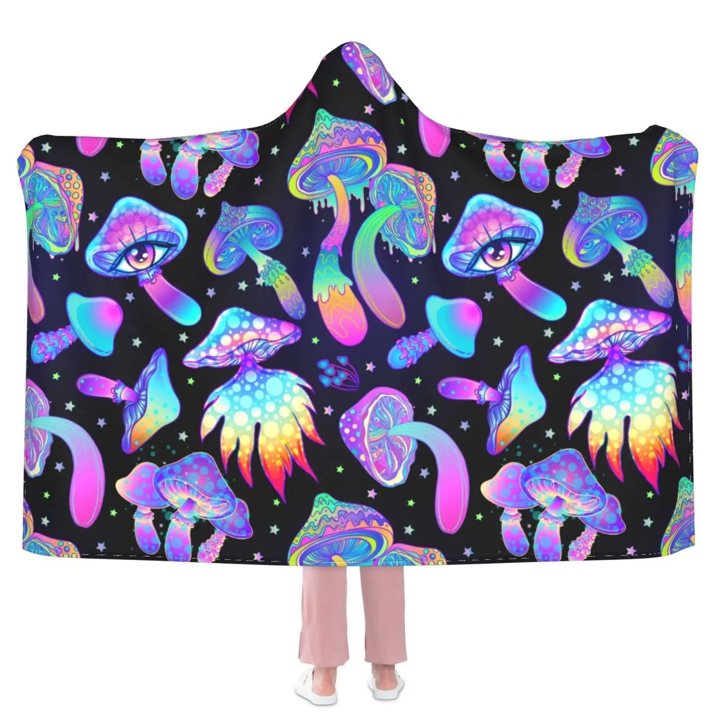 Trippy Shrooms Hooded Blanket Psychedelic Magic Mushrooms Blanket Sherpa Colorful Festival Blanket Warm Cozy Cuddle Blanket