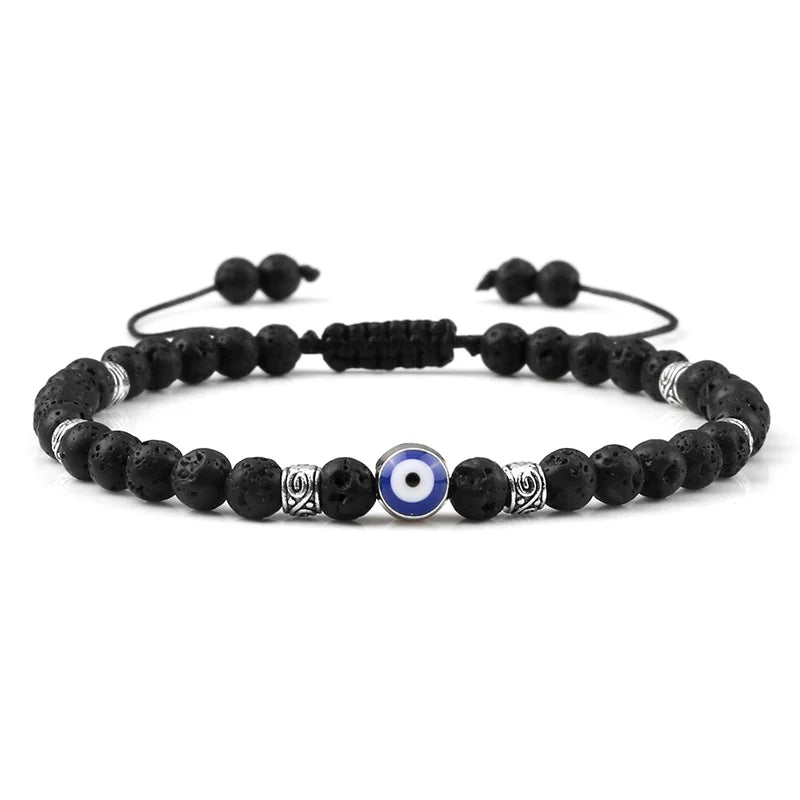 Evil Eye Bracelet 4mm Natural Black Matte Lava Stone Beads Handmade Braided Bracelet for Men Women Yoga Reiki Adjustable Jewelry