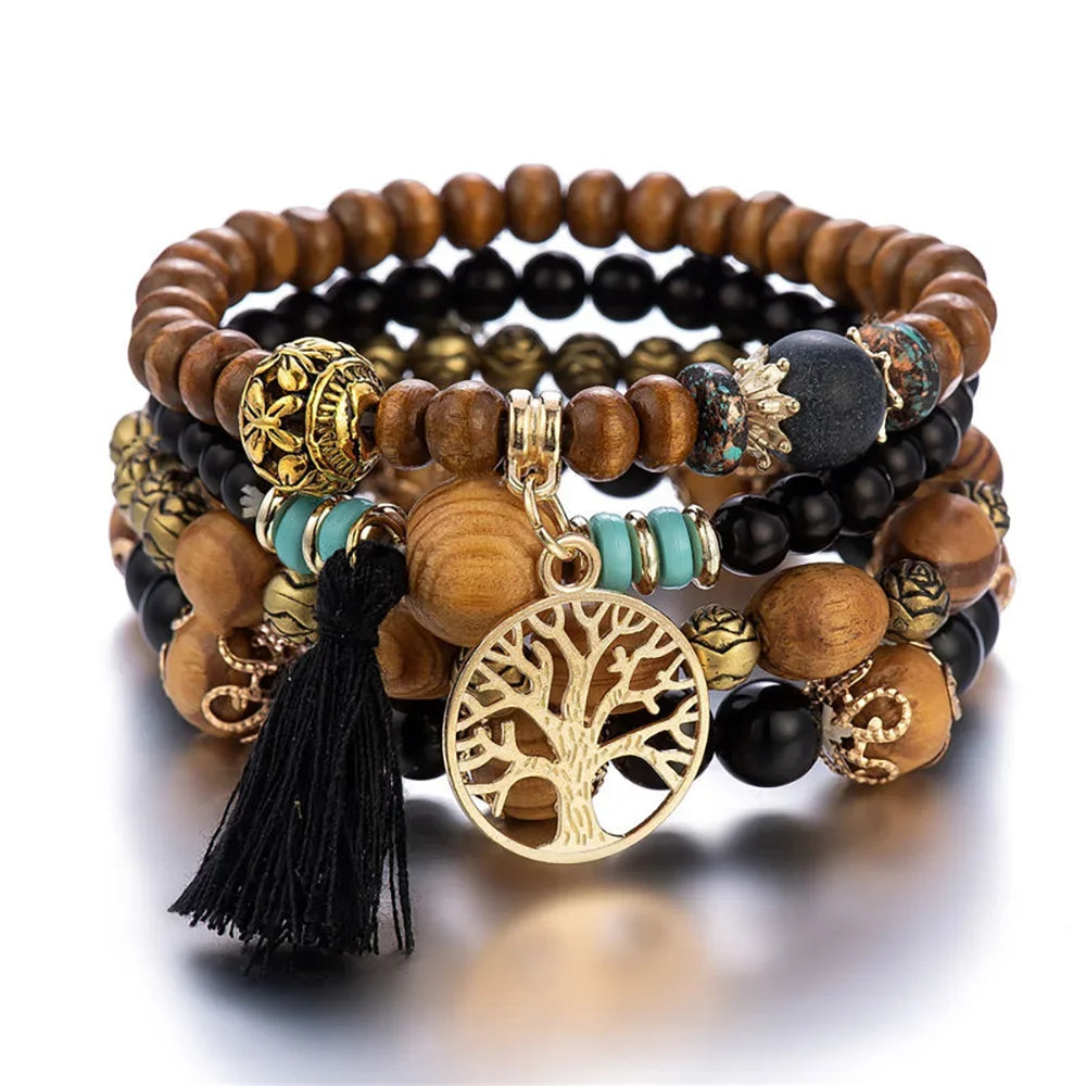 Boho Tree Of Life Bracelet Set For Women Fashion Tassels Charm Wooden Beads Elastic Chain Bangle Girl Trendy Party Jewelry