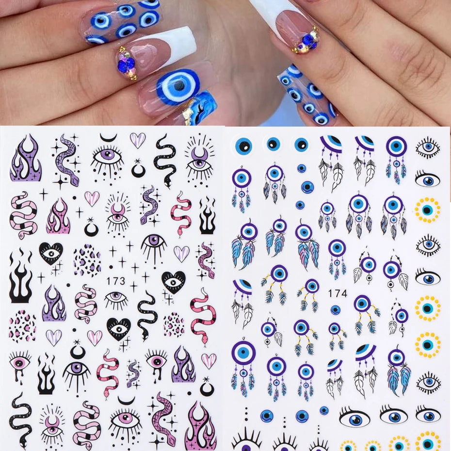 3D Purple Blue Evil Eyes Nail Stickers Snake Moon Star Line Sliders For Nails Design Summer Decor Flame Decals Manicure