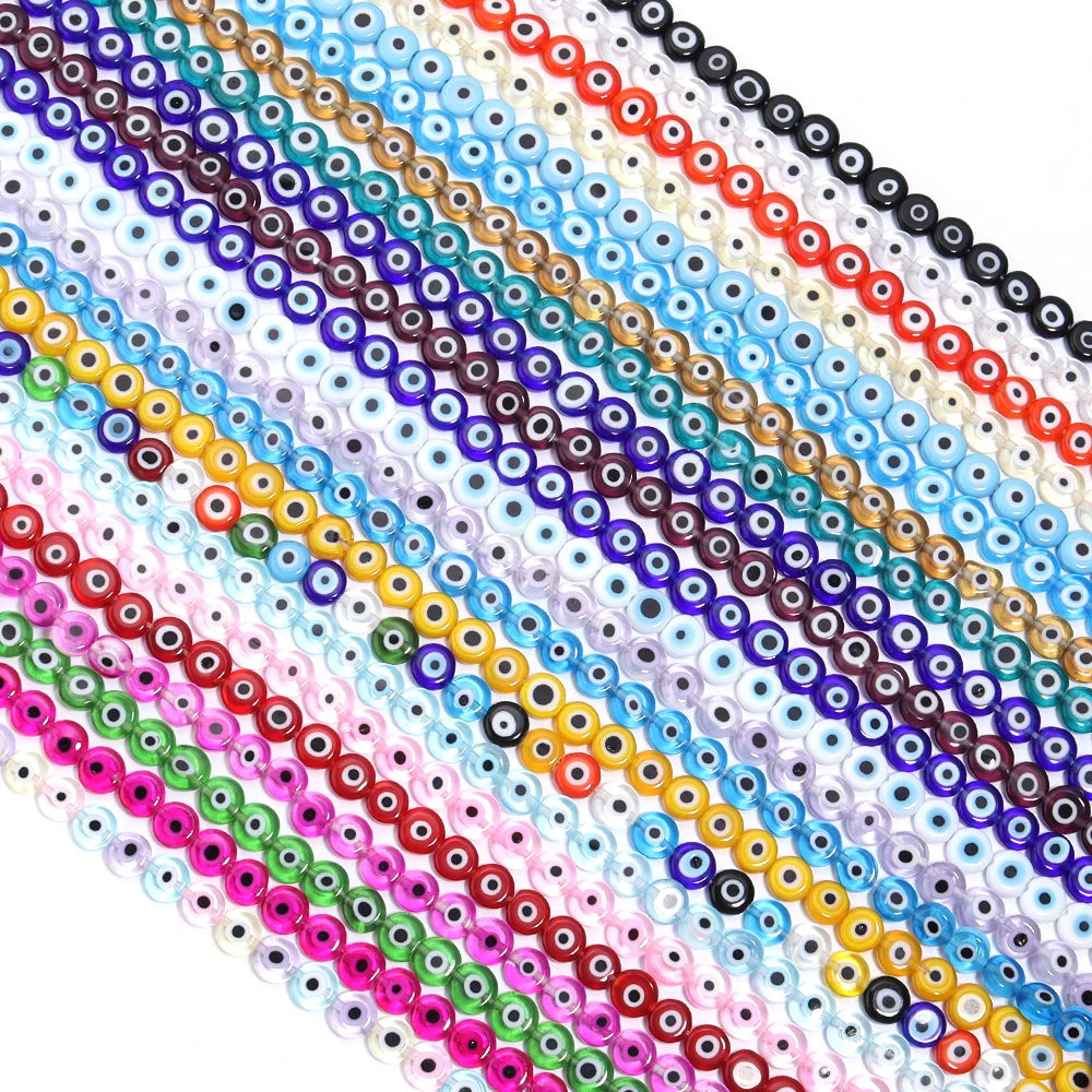 1String 4 6 8 10mm Lampwork Flat Round Beads Multicolor Evil Eye Loose Spacer Glass Beads For DIY Charm Bracelet Accessories