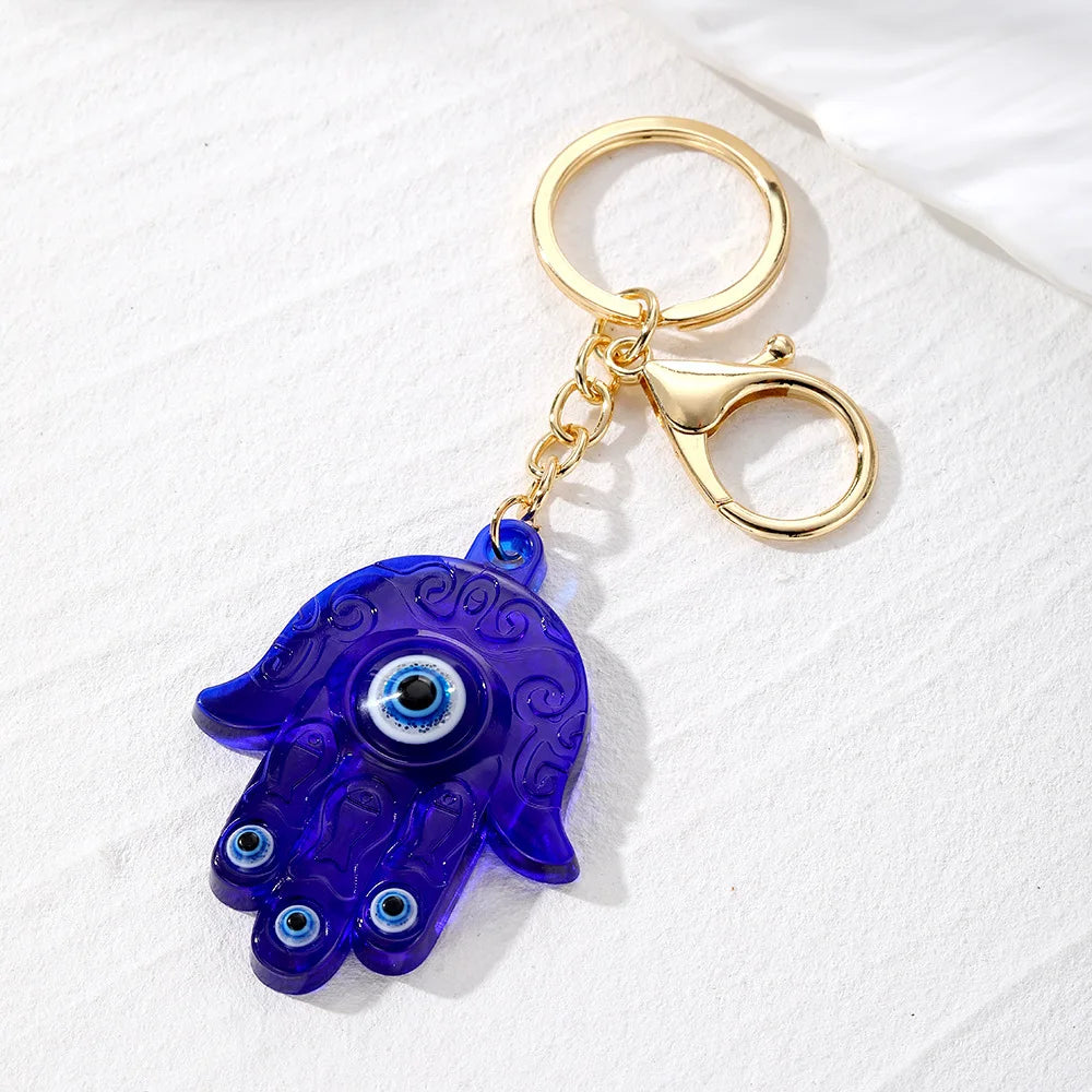 Bling Hollow Evil Eye Hamsa Hand Keychain Key Ring For Women Men Zircon Fatima Hand Blue Eye Bag Car Airpods Box Key Accessories