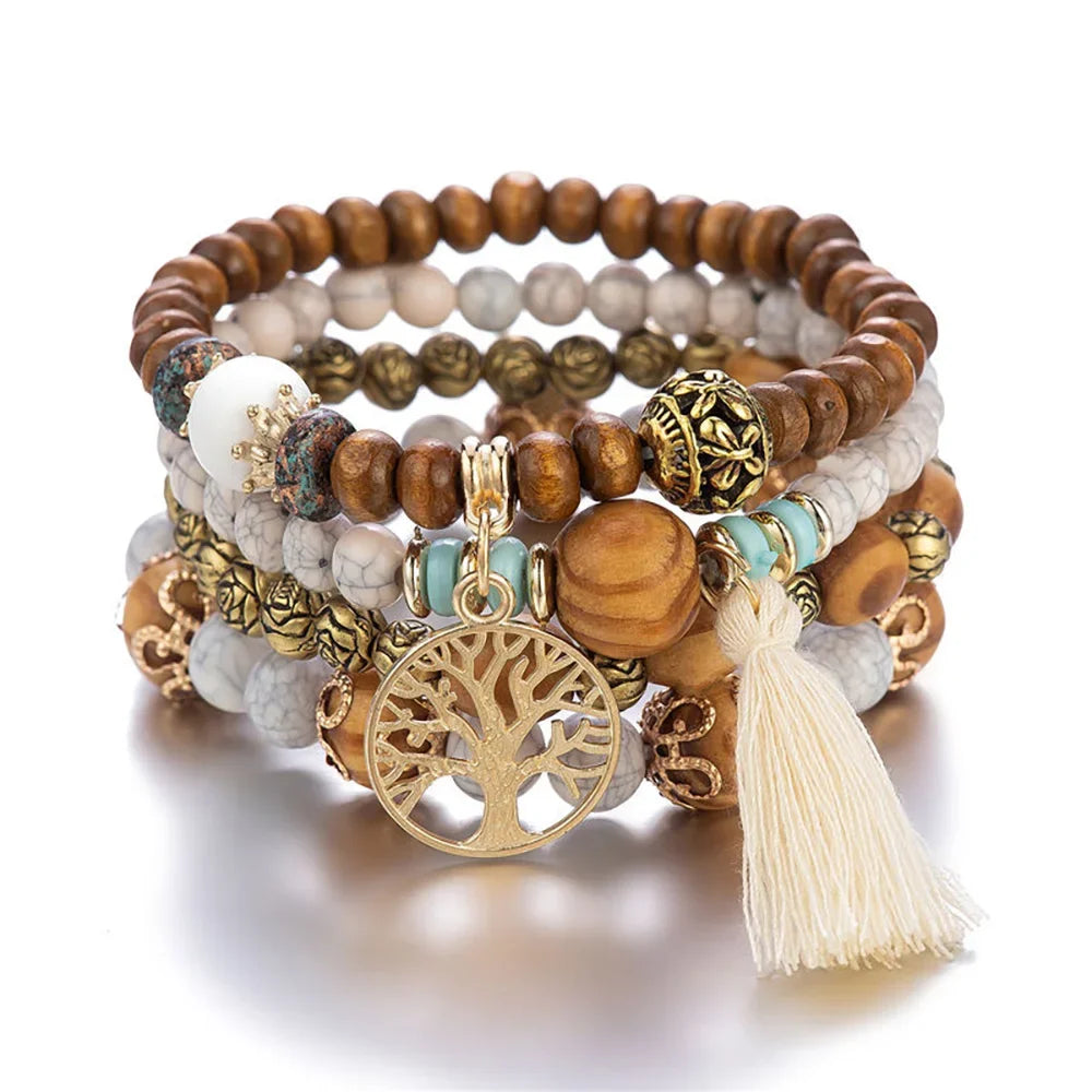 Boho Tree Of Life Bracelet Set For Women Fashion Tassels Charm Wooden Beads Elastic Chain Bangle Girl Trendy Party Jewelry