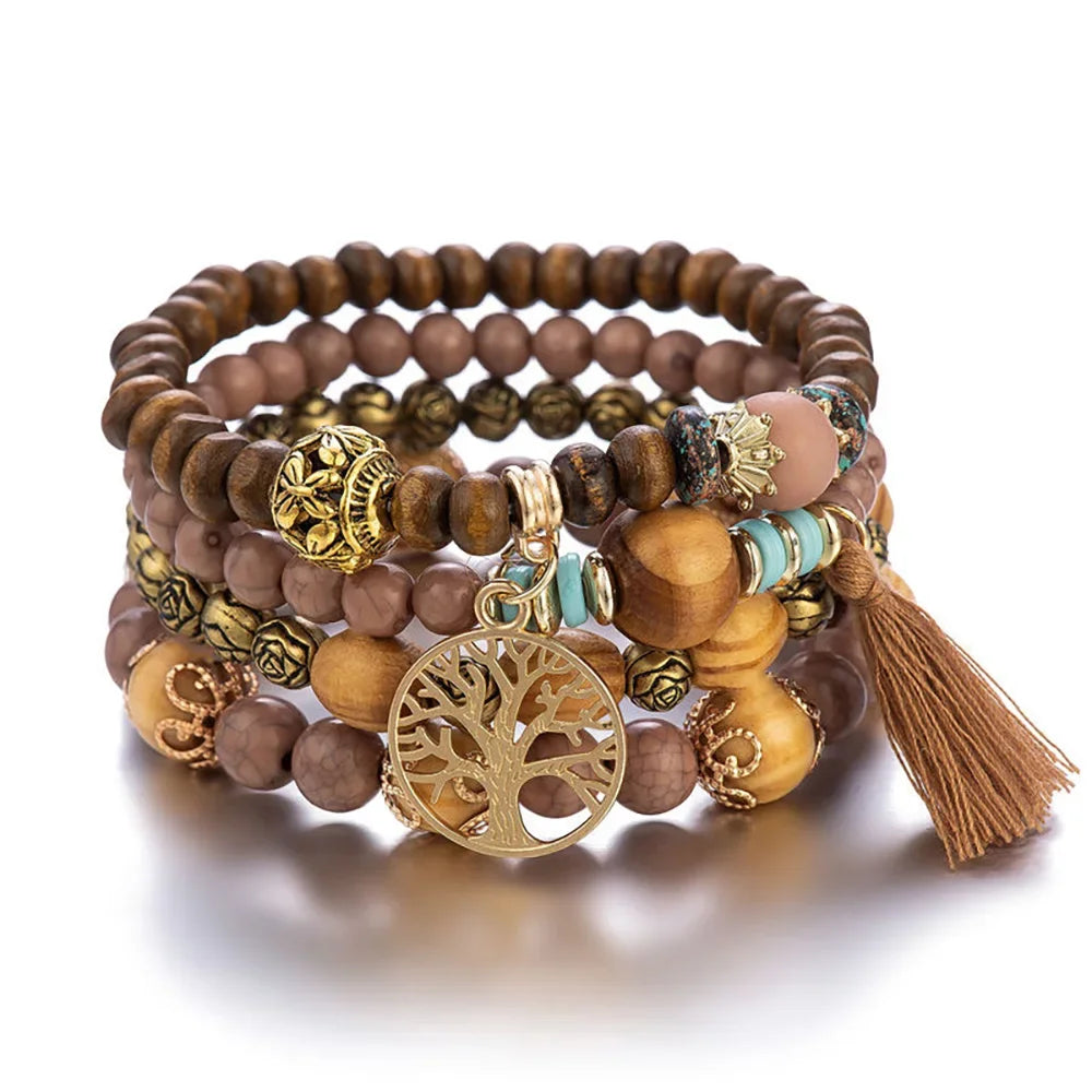 Boho Tree Of Life Bracelet Set For Women Fashion Tassels Charm Wooden Beads Elastic Chain Bangle Girl Trendy Party Jewelry