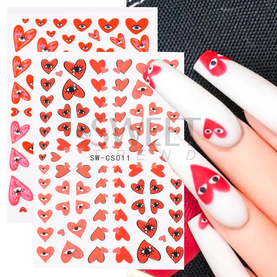 3D Heart Nail Design Blue Red Evil Eye Nail Art Decoration Sticker Press on Nails Valentine Decals Manicure Accessory SASW-CS012