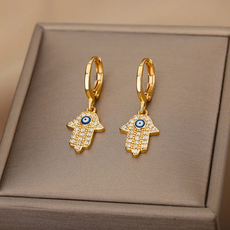 Turkish Eye Fatima Hand Drop Earrings