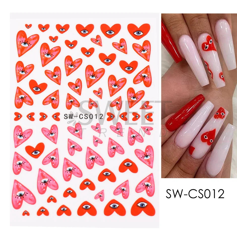 3D Heart Nail Design Blue Red Evil Eye Nail Art Decoration Sticker Press on Nails Valentine Decals Manicure Accessory SASW-CS012